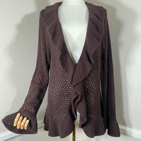 Vintage Open Front Crochet Ruffle Cardigan Size Medium 99s Faded Glory - Picture 9 of 9